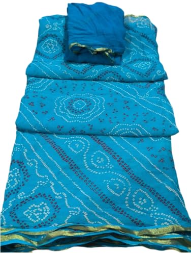 Image of Women's Jaipuri Viscose Georgette Saree, Zari Checks Pattern, Handmade Laddu Bandej Design, Contrast Blouse