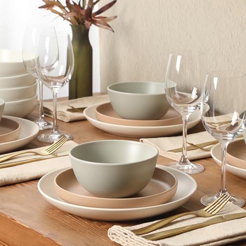 Image of Gibson Elite Leeds Court Plates and Bowls Sets, 16-Piece Stoneware Dinnerware Sets, Assorted Colors, Round Speckle Reactive Glaze Dish Set