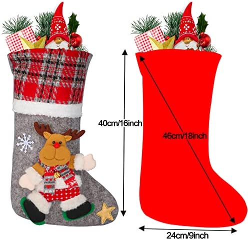 Christmas Stockings Set of 4 18" Large Xmas Sock Red Santa Stocking Decorations Sack Gift Bag Fireplace Hanging Stocking for kids Christmas Tree Ornament Candy Pouch Santa Reindeer Snowman