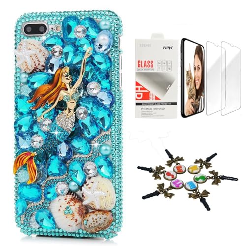 STENES Case Glitter Compatible with Samsung Galaxy A17 5G - Stylish - 3D Handmade [Sparkle Series] Mermaid Girls Starfish Shell Design Cover for Women with Screen Protector [2 Pack]- Blue