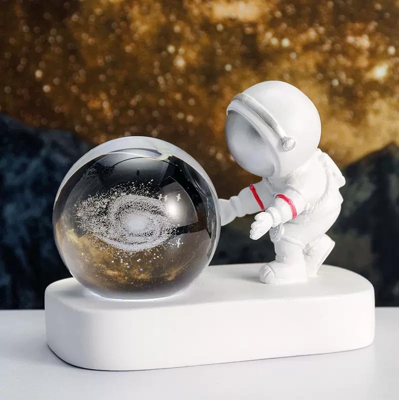 Glowing Crystal Ball 3D Inner Carved Small Crystal Ball Light with Astronaut, Decorative Creative Gift Luminous Crystal Ball for Christmas Classmates and Kids Birthday (Silver, Galaxy)