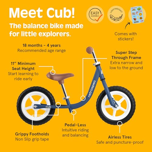 Image of Retrospec Cub Toddler Balance Bike for Ages 18 Months - 3 Years - 12in No-Pedal Beginner Bicycle with Adjustable Seat, Puncture-Proof Tires & Safe Low Frame Design