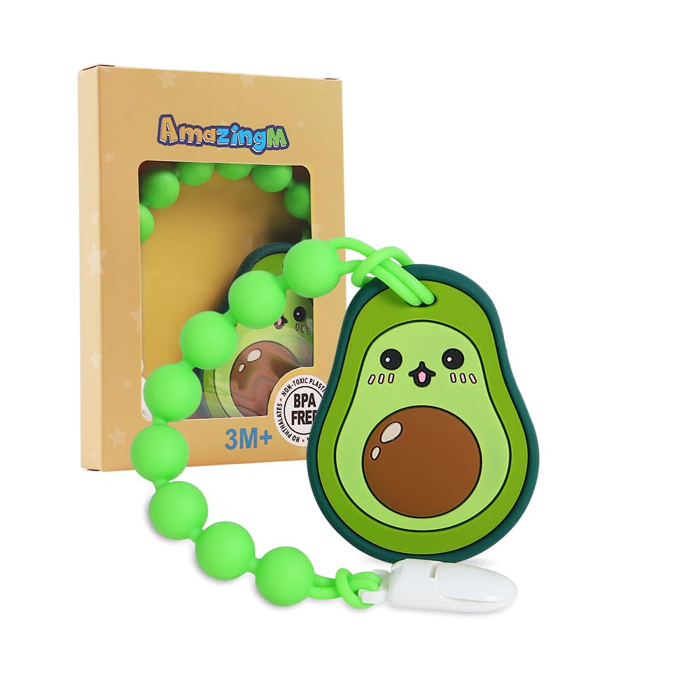 Baby Food Grade Silicone Teether Toy with Pacifier Clip Holder,Teething Toys Gift Set for 3 Months+ Boys and Girls,Freezer Safe,BPA Free. (Avocado)