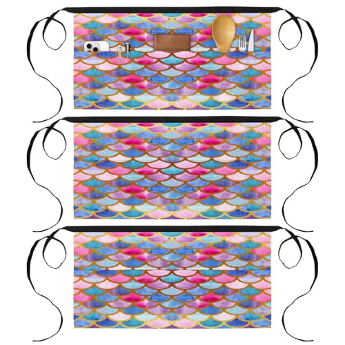Demi-tablier pour cuisine et pâtisserie avec 3 poches, lot de 3 tabliers de chef
