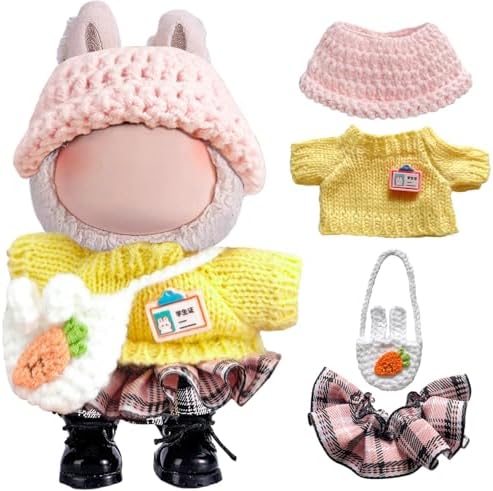 4 Piece Handcrafted Crochet Doll Clothes for 17cm/15cm Dolls (No Doll), Cute Premium Outfit Set Accessories Hand Crocheted Hat, Sweaters, Bag and Skirt (Yellow Pink)