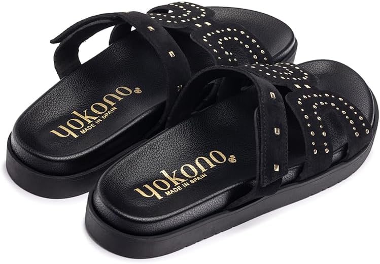 Yokono Sandalias Planas de Mujer de Piel MORENA-128 Negro | Zapatos Mujer Primavera-Verano | Piel Vacuna Serraje | 2 CM