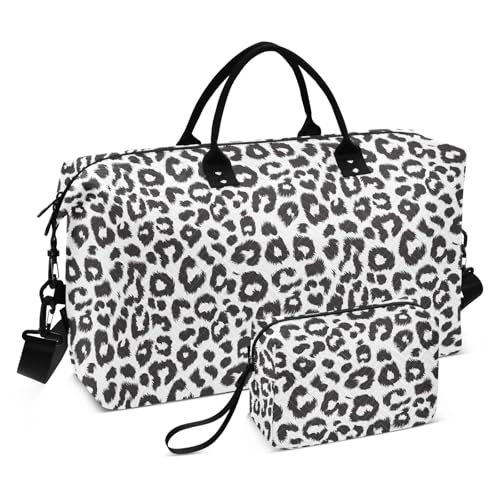 Large Travel Duffel Bag Sports Tote Gym Bag Overnight Weekender Bags Black White Cheetah Leopard Carry On Luggage with Toiletry Bags