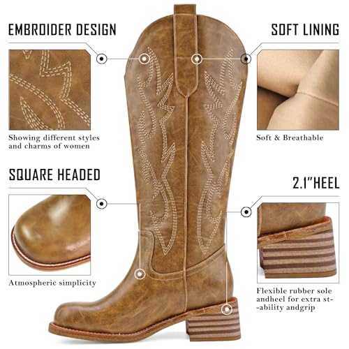 Cowboy Boots Knee High Women Western Embroidered Square Toe Wide Calf Chunky Heel Chunky Heel Retro Classic Tall Boot Pull on for Ladies Fall Winter2