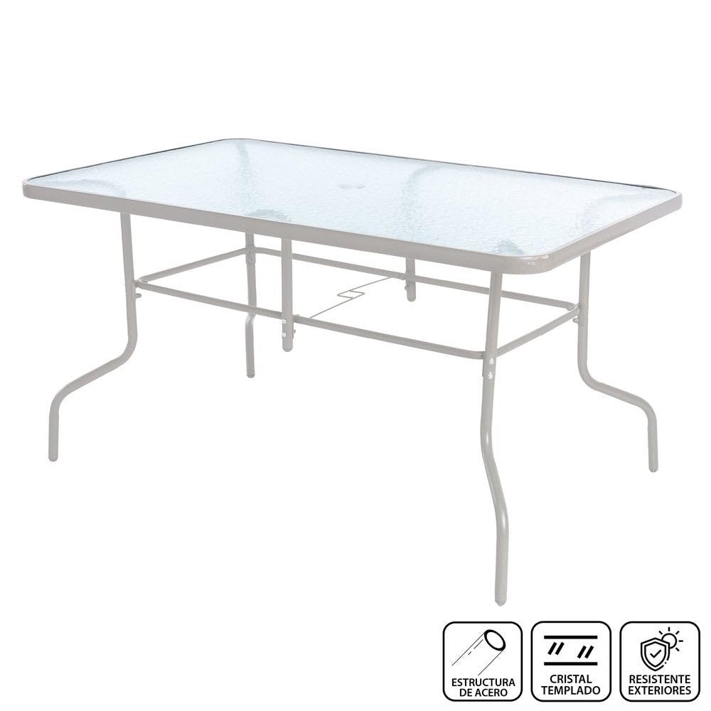 MONTY Mesa de Jardín Rectangular 140x90 cm de Acero Arena con Tablero de Cristal Templado 5mm | Pintura Anticorrosión, Uso Exterior | para 4 Personas | Requiere Montaje | Classic