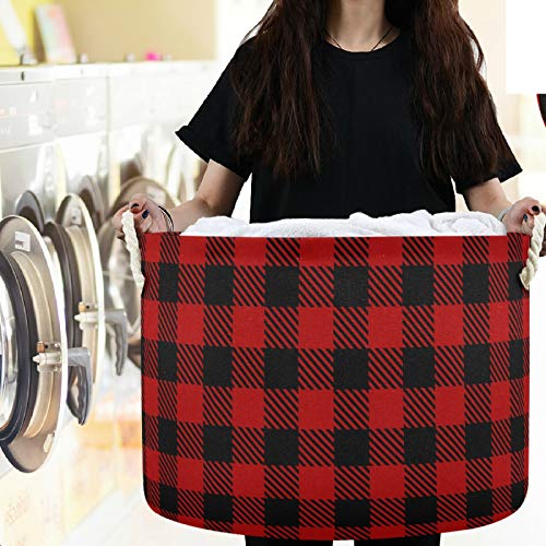 Image of visesunny Storage Basket Black And Red Lumberjack Plaid Nursery Hamper Basket Clothes Toy Storage Organizer Bin Box Collapsible Laundry Bag for Kid Room,Playroom,Bathroom,Living Room,Dorm,Office