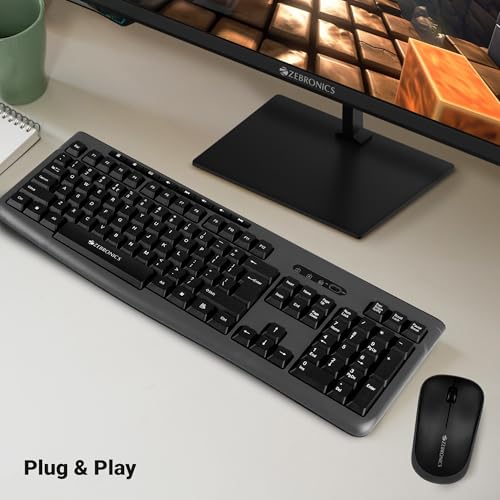 Image of Zebronics Wireless Keyboard & Mouse Combo, 112 UV-Printed Keys, ₹ Key, 8 Multimedia Keys, Retractable Stand, 3 Button Mouse, 1200 DPI, High Precision, USB Nano Receiver (Companion 112, Black)