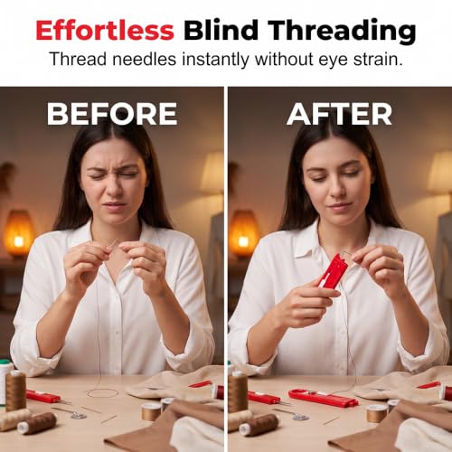 Image of 2 Pcs 4 in 1 Needle Threader, Automatic Sewing Needle Threader for Hand Sewing & Sewing Machine, Magnetic Sewing Tool with Magnifier & 2 Seam Rippers (Red)