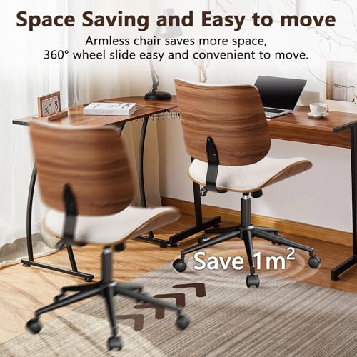 Image of CLATINA Office Desk Chair, Armless Home Chair with Wheels, Adjustable Height Reading Chair, Leather Mid Back & Swivel Computer Chair, Modern Walnut Chairs with Back for Studio Meeting Room(White)