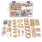 ARTESTAR Kinderwagenkette Schnullerkette Selber Machen Set,Diy Baby Holzspielzeug Schnullerketten Holzrassel Greifling Holz Holzringe Holzperlen BeißRing Für Babys (Kit-05)