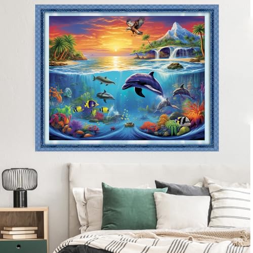 Image of Dimxvean Stamped Cross Stitch Kits,Cross Stitch Kits for Adults Beginners,Embroidery Kits Full Range of Cross Stitch Stamped Kits Needlepoint Kits Cross Stitch Patterns-Ocean World 16x20 inch