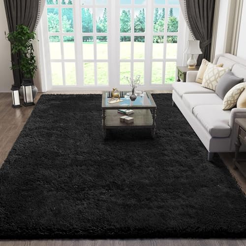 Ophanie Black Furry Area Rug 5x8 for Living Room & Bedroom
