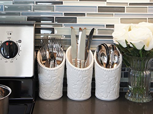 iEnjoyware Kitchen Tool Crock (4 Pieces) - 3 Ceramic Utensil Holders (4" Dia x 7" H each) & 1 Metal Caddy - White & Embossed Design