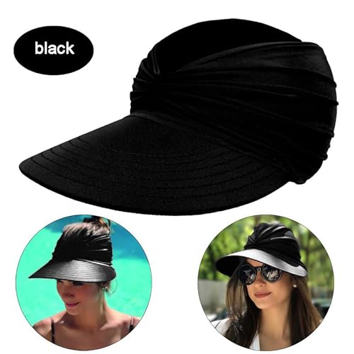 Sun Visor Ponytail Hat For Women Packable Wide Brim Summer Hat With Uv Protection For Sports Golf Tennis Running Black #TOP2