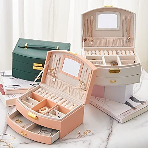Miniatura 6 de U-D Cajas organizadoras de joyas para mujer, 2 capas, con bandeja desmontable y cajón (rosa)