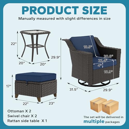 Image of 5 Pieces Patio Conversation Furniture Set - Swivel Chairs with Ottomans Set of 2, 1 Side Table, Outdoor Wicker Furniture Set with Washable Cushions for Porch, Balcony, Sunroom (Navy Blue) | Patio Chair Set with Olefin Removable Cushion, All-Weather Glider Swivel Chair Set with Deep Seat for Porch, Deck, Blue