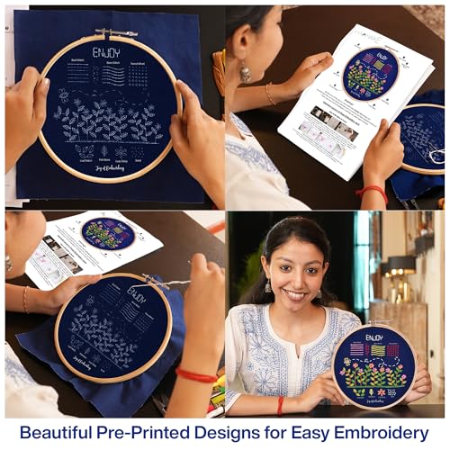 Image of picknMAKE DIY Hand Embroidery Kit for Beginners Adults & Kids - Printed Fabric, Color Threads, Hoop, Cutter & Needle - Garden Joy Theme Art & Craft Kit for Women, Teens, and Beginners