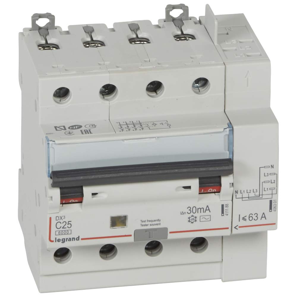 Legrand 411199 Interruttore differenziale monoblocco DX³6000 10kA arrivo alta vite partenza automatica 4P, 400V, 25A typeAC, 30mA