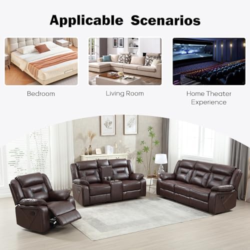 Image of EBELLO Faux Leather Recliner Sofa Furniture Set for Living Room, Recliner Chair, Manual Loveseat, 3 Seat Recliniing Sofa Couch Set for Meeting Room, Dark Brown