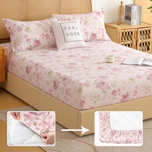 Image of Story@Home Air Cotton 240 TC King Size Fitted Sheet Double Bedsheet (72 x 78) All Around Elastic 2 Pillow Cover 17 x 27 Fits Upto 10 inch Mattress (270 x 250 cm, Pink & Green)