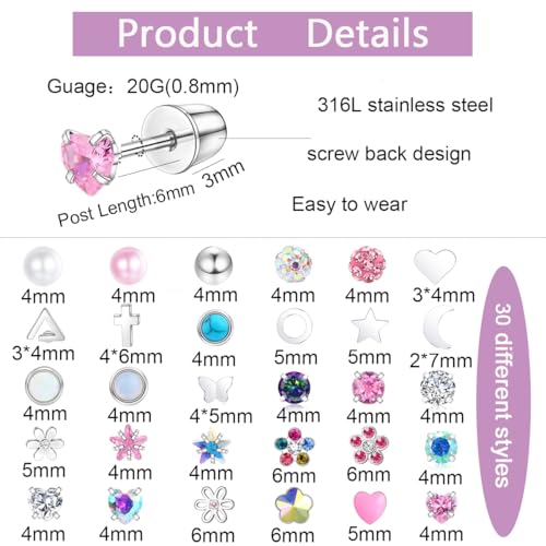 SAMOCO 30 Pairs G23 Hypoallergenic Screw Back Earrings for Women Surgical Steel Small Stud Earrings 20G Tiny Cartilage Stud Earrings Screw Back Stud Earring Piercing Jewelry4