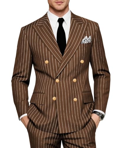 Pinstripe Suit for Men Slim Fit 2 Piece Double Breasted Suits Gold Button Jacket Pants Business Wedding Prom