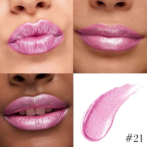 Image of evpct Pink Metallic Glitter Lip Liner and Lipstick Combo Lip Gloss Stain Set Makeup for Women Long Lasting Waterproof 24, Rose Pink Metallic Shimmer Frosted Iridescent Glossy Liquid Lipstick 21
