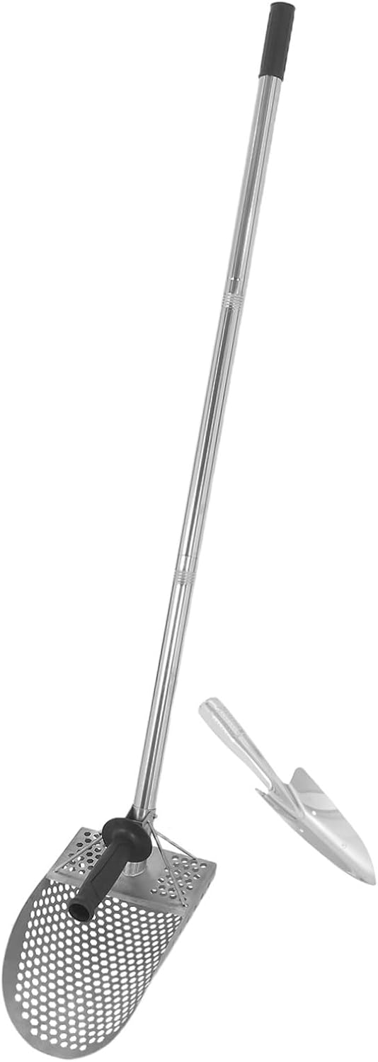 Stainless Steel Metal Detector Shovel and Sand Scoop Set with 45.5" Extendable Handle, Heavy Duty Metal Detecting Digging Tool for Beach Treasure Hunting and Sand Sifting