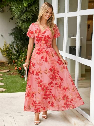 Image of Simplee Womens Floral Maxi Dress - Short Sleeve Summer Boho Wedding Guest Dress Empire Waist Chiffon Modest Midi Dresses