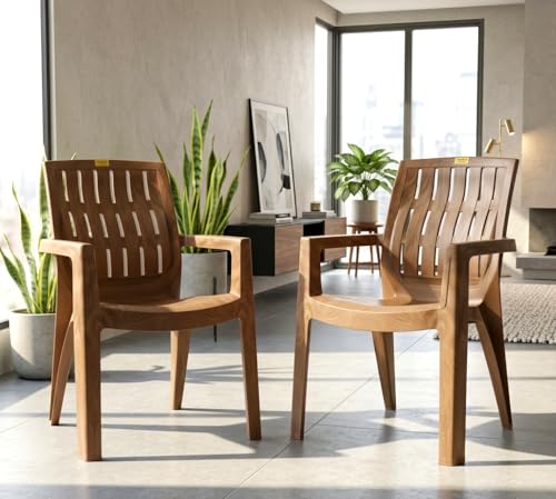 Image of Plastic Chair Set of 2 for Home & Outdoor Use | Heavy Duty Comfortable Chair with Strong Legs | Easy to Clean | Suitable for Living Room, Balcony (Pack of 2-Spino | Sandalwood)