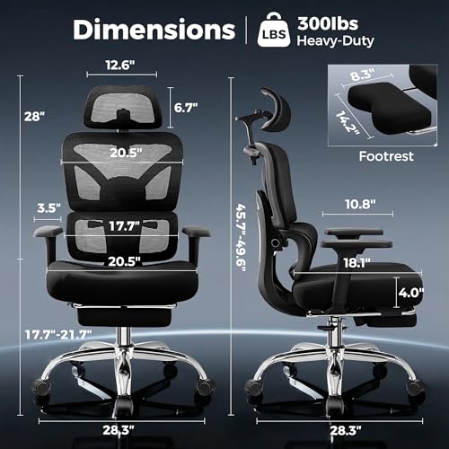 Image of Ergonomic Office Chair with Footrest, Big and Tall Home Desk Chair, High Back Rolling Computer Chair with 3D Arms and Lumbar Support, Comfortable Gaming Chair, Swivel Mesh Chairs, Black