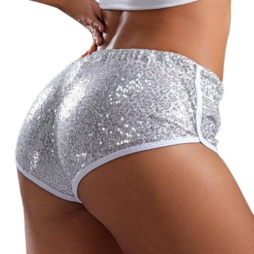 Sequin Booty Shorts Silver Shiny Hot Shorts for Women Girls Elastic Low Waist Dance Bottoms Rave Hot Pants for Night Out Party Festival