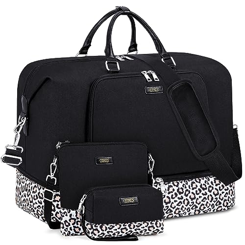 Image of Travel Weekender Bag for Women, 21 inch Overnight Bag with Shoe Compartment 50L Large Travel Duffel Bag Carry On Tote for Weekend, Overnight, Business Trips, Water Resistant, Q- Black&Leopard, Large