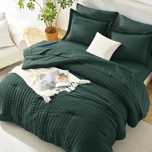 Image of HIMEET Full Size Comforter Sets - 7 Pieces Seersucker Bed in a Bag, Boho Bedding Sets for Bedroom Decor, All Season Home Essential Bed Set with Comforter, Sheets, Pillowcases & Shams, Forest Green