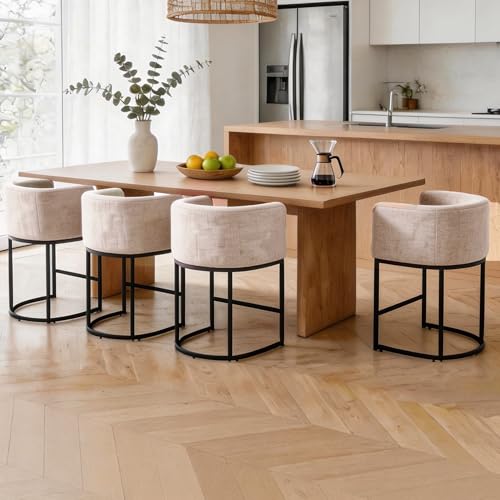 Image of 26 inch Counter Height Bar Stools Set of 3, Linen Fabric Upholstered Barrel Chairs with Back and Arms, Metal Frame Kitchen Island Stools with Footrest, Linen Fabric