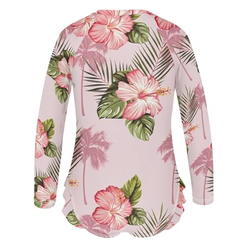 J JOYSAY Hibiscus Palm Leaves Pastel Girls One Piece Swimsuits Long Sleeve UPF 50+ Rash Guard Kids Swimwear 3-12 Years3