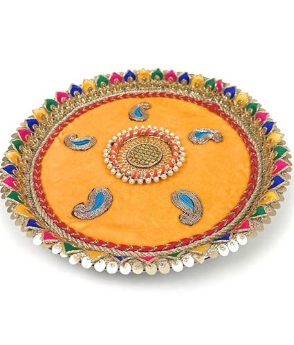 Handmade Decorated Aarti Thali | Unique Pooja Thali for Diwali & Housewarming | Perfect Gift for Auspicious Occasions (Steel Yellow Velvet)
