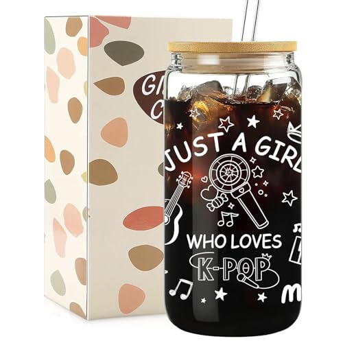Mikopei Kpop Gifts for Girls - Just A Girl Who Loves K-Pop Glass Cup with Lid and Straw, Kpop Merch Accessories for Music Lover Women Christmas Birthday, Funny K pop Iced Coffee Cup Smoothie, 16 oz