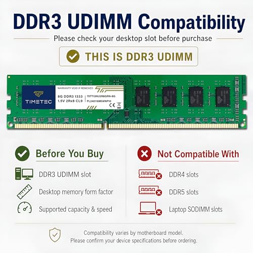 Image of Timetec 80GB KIT(10x8GB) DDR3 1333MHz PC3-10600 Non-ECC Unbuffered 1.5V CL9 2Rx8 Dual Rank 240 Pin UDIMM PC Desktop Computer Memory RAM Module Upgrade (80GB KIT(10x8GB))