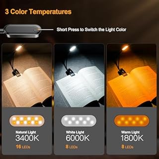 Luce da Lettura a 16 LED, Gritin Lampada da Lettura Ricaricabile, 3 Modalità di Temperatura Colorei (Bianca/Ambrata/Mista), Dimmerabile Senza Livelli, 360°Flessibile Clip Luce Lettura Libri a Letto