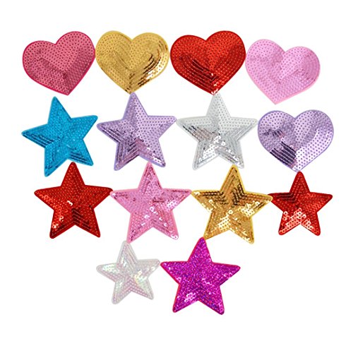 La Haute, toppe termoadesive con lustrini a forma di cuore e stella, patch ricamate per fai da te, 14 pezzi 14pcs