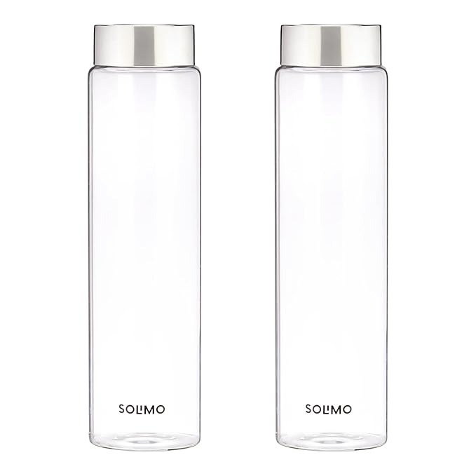 Solimo Borosilicate Glass Fridge Bottle with Leak Proof Sporty Stainless Steel Cap | 1000 ml | Pack of 2