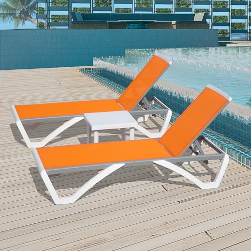 Image of Domi Outdoor Lounge Chair Set of 3, Aluminum Patio Chaise Lounge with 5 Position Adjustable Backrest and Wheels, All Weather Reclining Chair for Patio, Yard, Balcony, Poolside (Orange)
