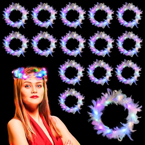 JOAASU Pluma LED Diadema, 15 Piezas Corona de Plumas LED, Diademas De Plumas LED Iluminadas, Diadema LED Plumas, Tocado Luminoso, Diadema Plumas LED para Cumpleaños, Bodas, Fiestas, Halloween, Navidad