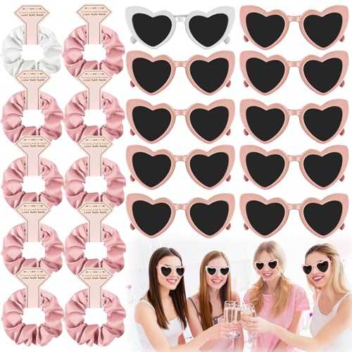 20 Stück JGA Brille Team Braut Haargummi,Bride Partybrille Herz Sonnenbrille,10 Herzförmige Brille + 10 Bride Haargummi,JGA Partybrillen und JGA Deko Accessoires für Junggesellinnenabschied (Rosa)
