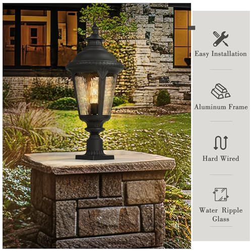 Image of Emliviar 25 inch Lamp Post Light Fixture with Water Ripple Glass, Waterproof Outdoor Pole Light in Black Finish for Yard and Garden, XE265P-SW BK